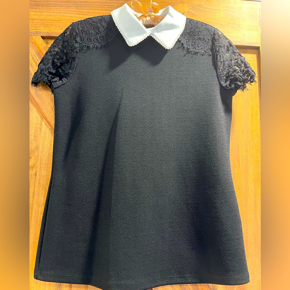 Beautiful Karl Lagerfeld top with pearl details on collar & lace short sleeves